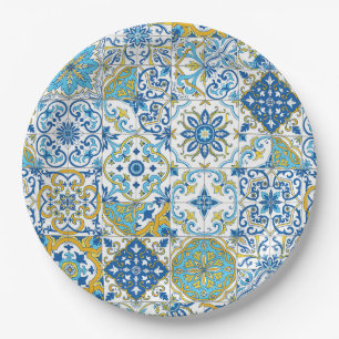 Azulejo-Fliesen in Blau und Gelb Pappteller