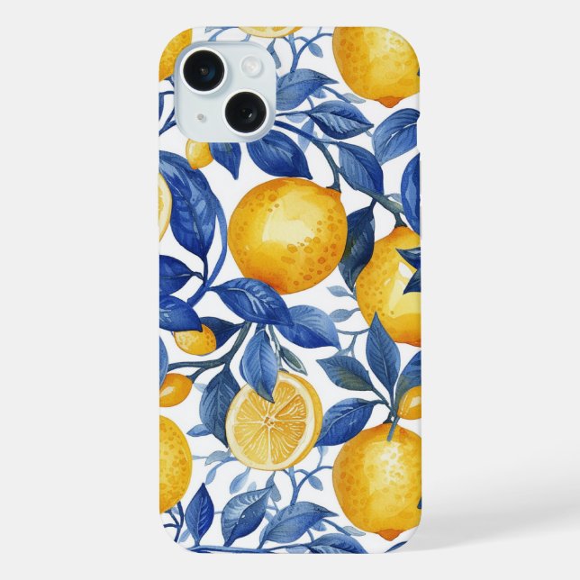 Azulejo Lemons Blue Blätter iPhone 15 Plus Hülle (Rückseite)