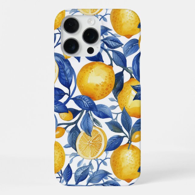 Azulejo Lemons Blue Blätter iPhone 16 Pro Max Hülle (Rückseite)