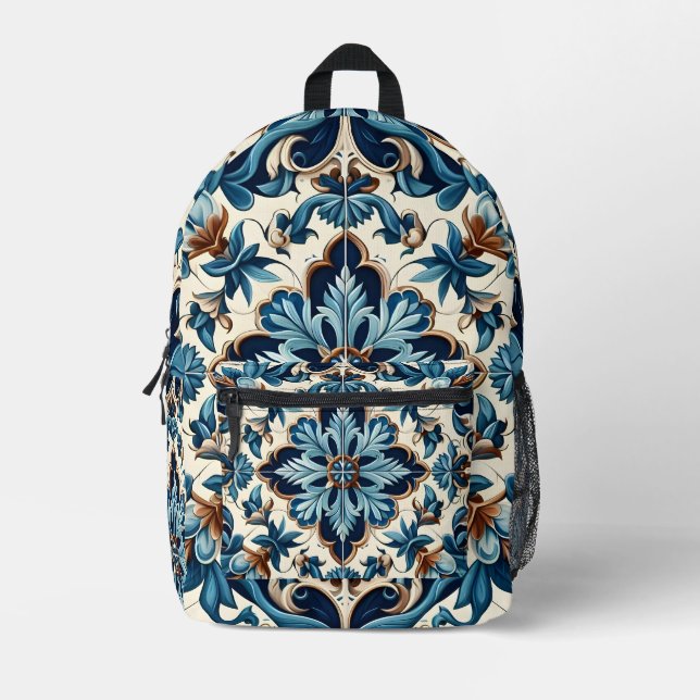 Azulejo Porcelain Blaues Fliesenmuster Bedruckter Rucksack (Vorderseite)