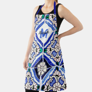 Azulejo-Spanische Fliesen in Navy-Weiß mit Monogra Schürze