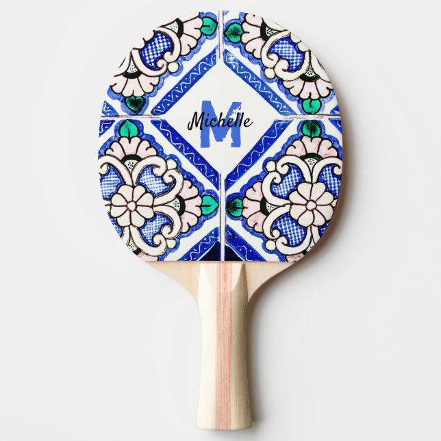 Azulejo Spanish Navy White Monogram Table Tennis Tischtennis Schläger (Vorderseite)