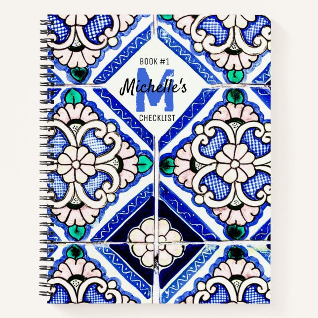 Azulejo Spanish Pattern Tiles Navy White Checklist Notizbuch (Vorderseite)
