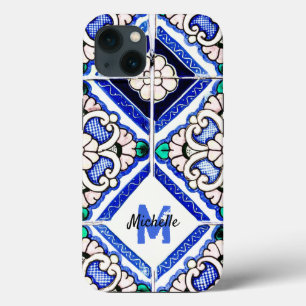 Azulejo Spanish Pattern Tiles Navy White Monogram Case-Mate iPhone Hülle