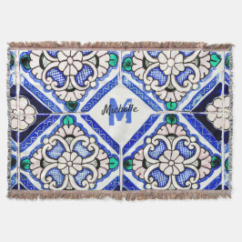 Azulejo Spanish Pattern Tiles Navy White Monogram Decke