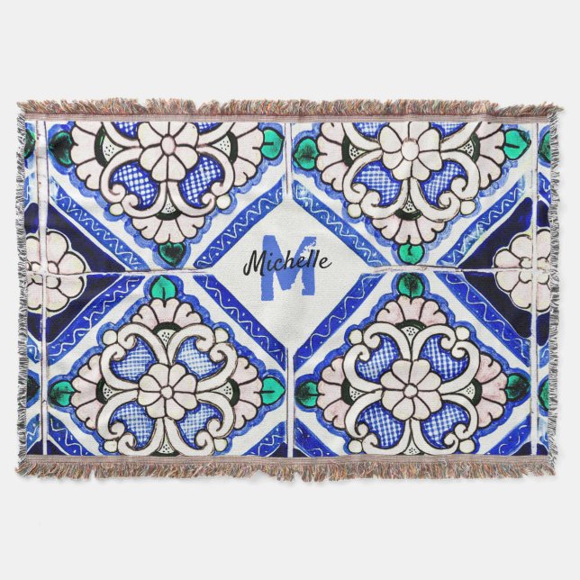 Azulejo Spanish Pattern Tiles Navy White Monogram Decke (Vorderseite)