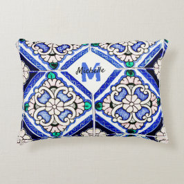 Azulejo Spanish Pattern Tiles Navy White Monogram Dekokissen