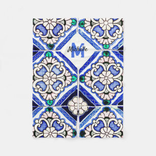 Azulejo Spanish Pattern Tiles Navy White Monogram Fleecedecke