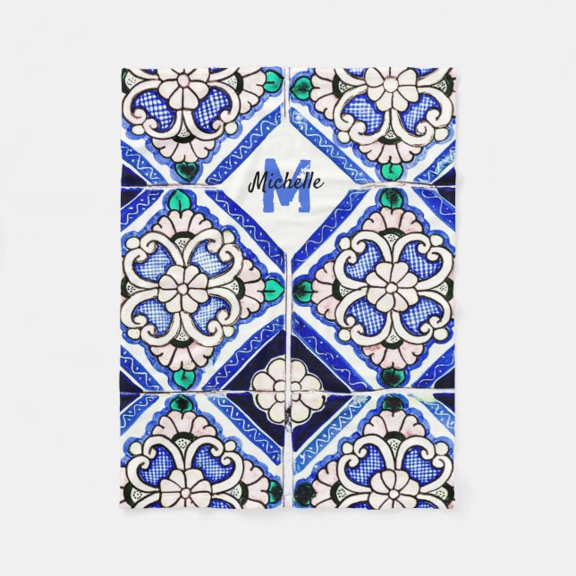 Azulejo Spanish Pattern Tiles Navy White Monogram Fleecedecke (Vorderseite)