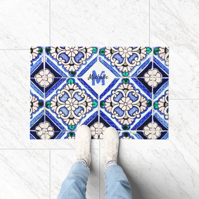 Azulejo Spanish Pattern Tiles Navy White Monogram Fußmatte (Indoor)