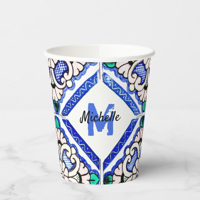 Azulejo Spanish Pattern Tiles Navy White Monogram Pappbecher (Links)