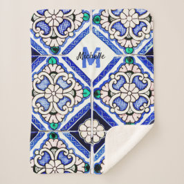 Azulejo Spanish Pattern Tiles Navy White Monogram Sherpadecke