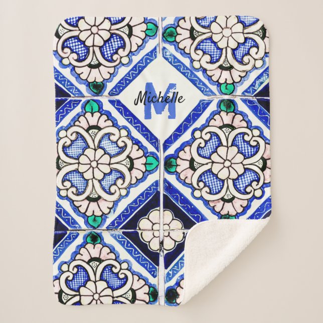 Azulejo Spanish Pattern Tiles Navy White Monogram Sherpadecke (Vorderseite)