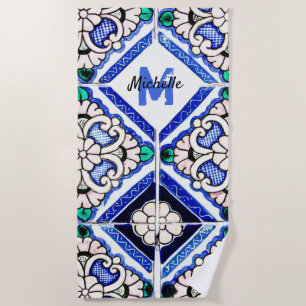Azulejo Spanish Pattern Tiles Navy White Monogram Strandtuch