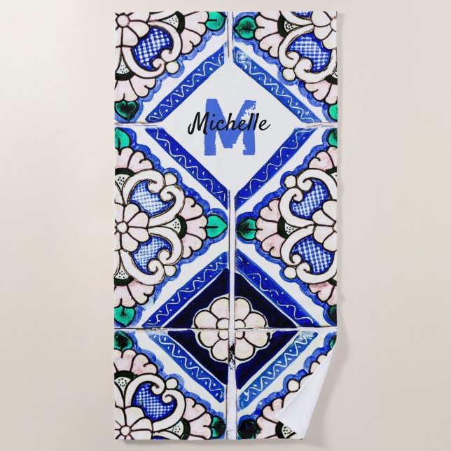 Azulejo Spanish Pattern Tiles Navy White Monogram Strandtuch (Vorderseite)