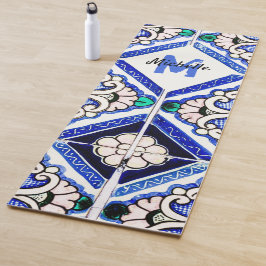 Azulejo Spanish Pattern Tiles Navy White Monogram Yogamatte