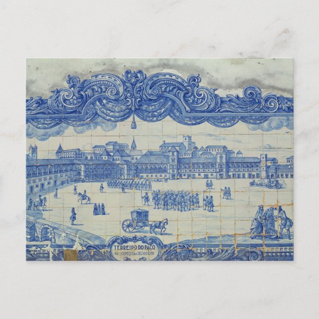 Azulejos-Fliesen, die die Praca do Comercio darste Postkarte (Vorderseite)
