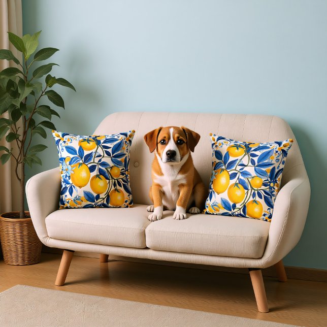 💛 💙 Azulejos mit Zitronen in blau und gelb Kissen (Blue and yellow Azulejos with lemons Throw Pillow)
