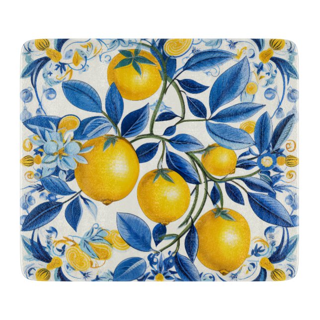 💛 💙 Azulejos mit Zitronen in blau und gelb Schneidebrett (Vorderseite)