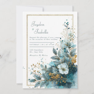 Azurblau Türkis Gold Glitter Wasserfarbe Florale H Einladung