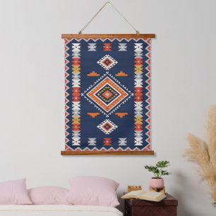 Azurblau und Terrakotta Geometrischer Stamm Wandteppich Mit Holzrahmen