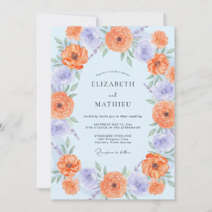 Azurblaue Aprikosen-Ranunculus-Eukalyptus-Hochzeit Einladung