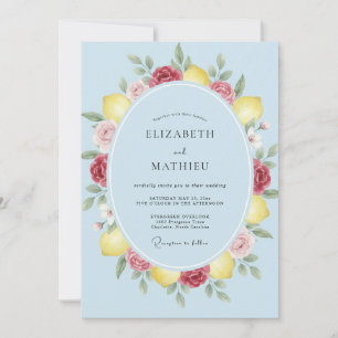 Azurblaue Aquarell-Hochzeit mit Zitronen Einladung