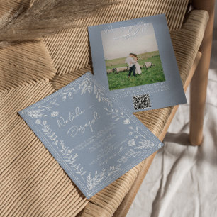 Azurblaue Blumen Botanische QR-Code Foto-Hochzeit Einladung