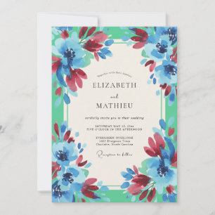Azurblaue Burgunder-Wasserfarben-Hochzeit Einladung