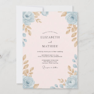 Azurblaue Champagner-Blatt-Hochzeit Einladung