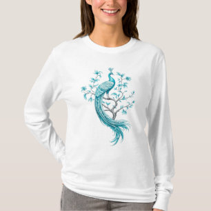 Azurblaue Eleganz – Pfauen Botanische Kunst T-Shirt