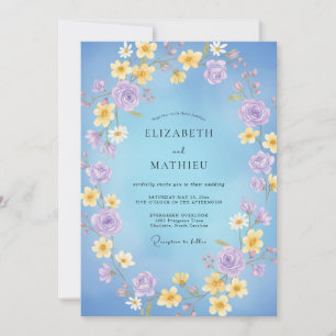 Azurblaue Flieder-Ranunculus-Eukalyptus-Hochzeit Einladung