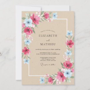 Azurblaue Fuchsien-Pfingstrosen-Hochzeit Einladung