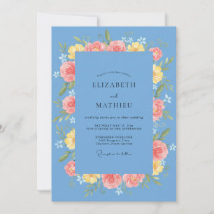Azurblaue gelbe Rosenhochzeit Einladung