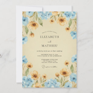Azurblaue Goldene Blütenhochzeit Einladung