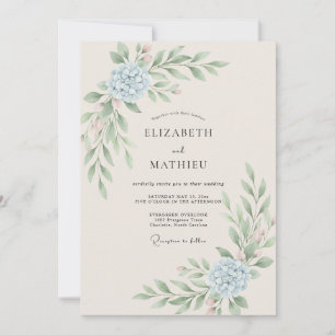 Azurblaue Hortensien-Blatt-Eukalyptus-Hochzeit Einladung