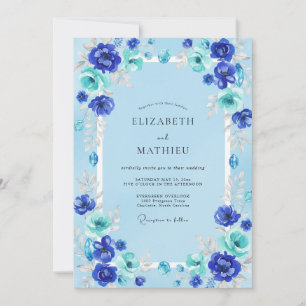 Azurblaue Kobalt-Ranunculus-Eukalyptus-Hochzeit Einladung