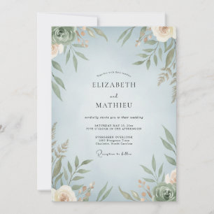 Azurblaue Olivenblatt-Hochzeit Einladung