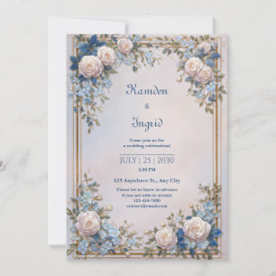 Azurblaue Ornamente Creme-Rosenrahmen-Hochzeit Einladung