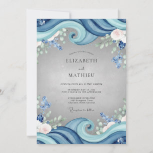 Azurblaue Ozeanwelle Eukalyptus-Hochzeit Einladung