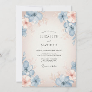 Azurblaue Pfirsich-Aquarell-Blumenhochzeit Einladung