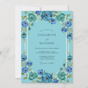 Azurblaue Teal-Blüten-Hochzeit Einladung