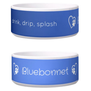 Azurblaue 'Trink-Tropf-Spritz' Hundename-Schale Napf
