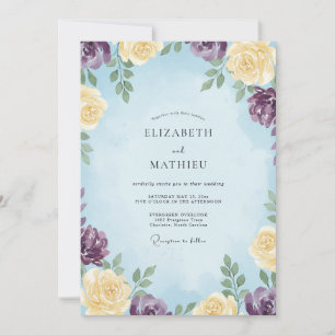 Azurblaue Veilchen-Blumen-Eukalyptus-Hochzeit Einladung