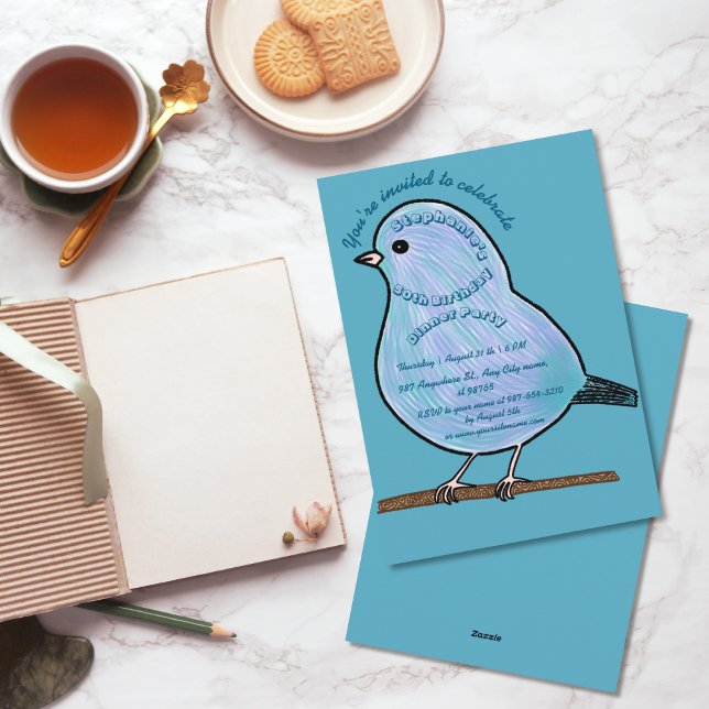 Azure 50th Birthday Cute Bird Dinner Party  Einladung (Von Creator hochgeladen)