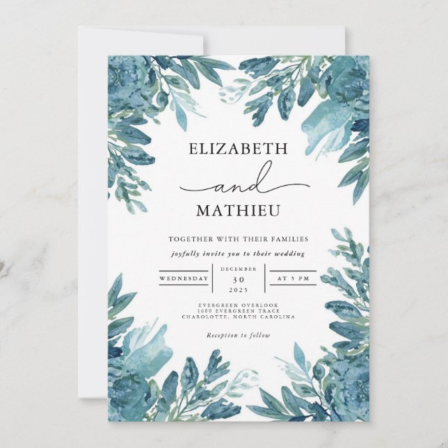 Azure Bloom Botanical Wedding Einladung (Vorderseite)