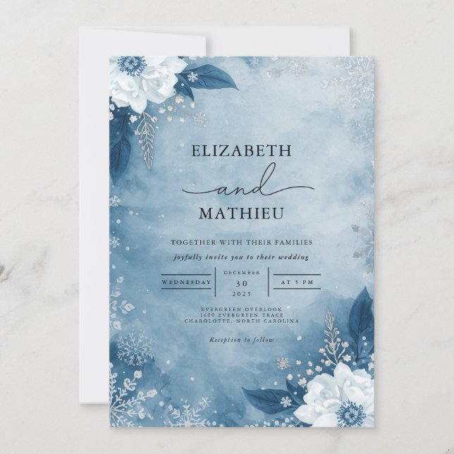 Azure Bloom Frost Romance Wedding Einladung (Vorderseite)