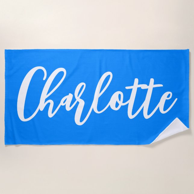 Azure Blue and White Lettering Script Strandtuch (Vorderseite)