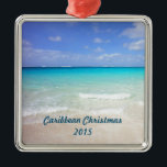 Azure Blue Caribbean Tropical Beach Christmas Silbernes Ornament<br><div class="desc">Persalize this caribbean christmas ornament to commemorate christmas in the caribbean. A white sandy beach with gentle waves und a vivid ocean view of crystal clear turquoise waters. Bright blue sky and soft fluffy clouds overlook this dreamy tropical caribbean vacation spot. Tranquil and secluded, the perfect spot to relax and...</div>