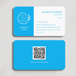 Azure Blue White Logo QR Code Minimalistisch Moder Visitenkarte
